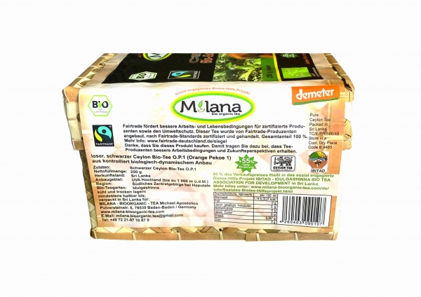 250 g MILANA Ceylon Fairtrade Demeter BIO-SCHWARZTEE LOSE OP1 Orange Pekoe 1 schwarzer Premium-Tee in HANDGEFLOCHTENEM TEEKÖRBCHEN, 55 Prozent des Verkaufspreises ist SOZIALE HILFSLEISTUNG - Der Tee, ... der nach Liebe schmeckt. Fair und nachhaltig herges